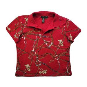 Lauren Ralph Lauren Women's Petite PM Red Casual Polo Equestrian Print Pique S/S